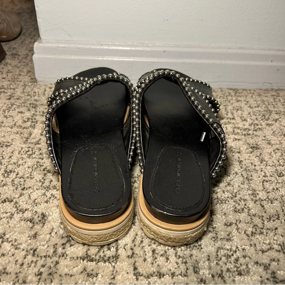 Zara Trafaluc Black & Silver Beaded Criss-Cross Chunky Platform Sandals Size 9
